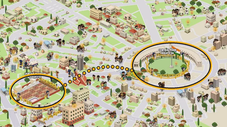 The map: Jantar Mantar and Central Park circled